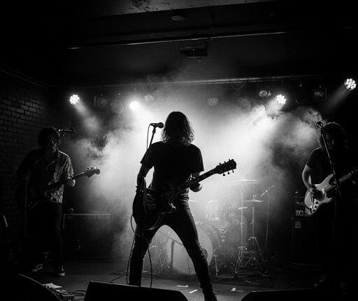 Drei Musiker spielen ein Clubkonzert auf einer nebligen, dunkel beleuchteten Bühne