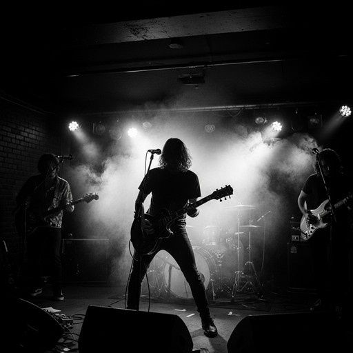 Drei Musiker spielen ein Clubkonzert auf einer nebligen, dunkel beleuchteten Bühne