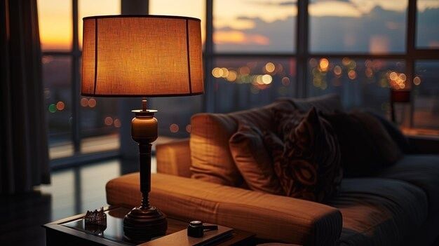 Gedämpft beleuchtetes Wohnzimmer mit Stehlampe, Sofa und Abendblick