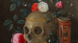 Barockes Vanitas-Stillleben mit Schädel, Blumen, Schmetterlingen und Sanduhr