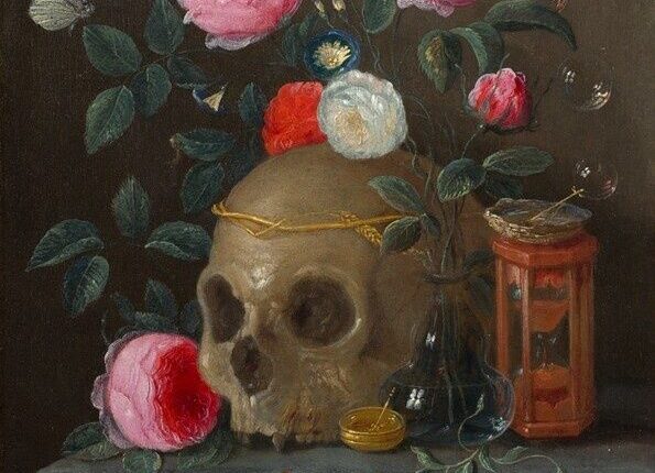 Barockes Vanitas-Stillleben mit Schädel, Blumen, Schmetterlingen und Sanduhr
