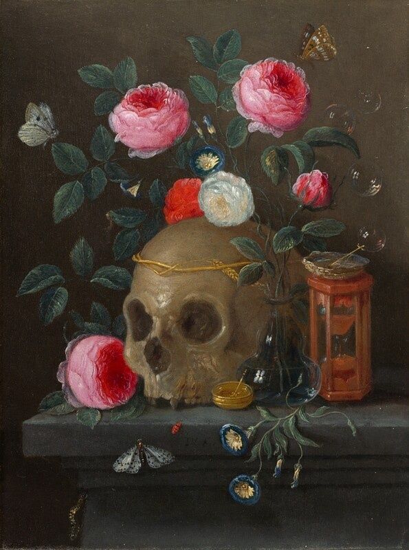 Barockes Vanitas-Stillleben mit Schädel, Blumen, Schmetterlingen und Sanduhr